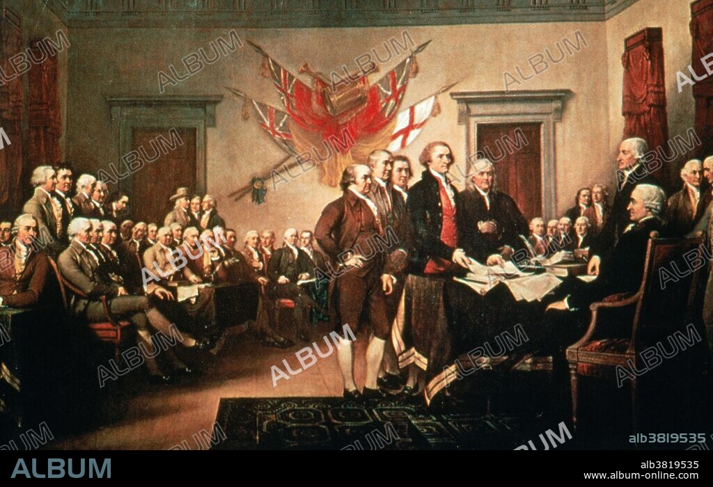 John Trumbull's painting of the Declaration of Independence done in 1824. Thomas Jefferson in red waistcoat with the Continental Congress.