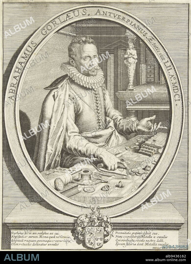Abraham Gorlaeus (van Goorle) (1549-1609), collector of antique coins and chamois, depicted in oval, at age 52, seated at a table on which coins and chamois, rings, a book and a casette for the coins are displayed. A cabinet against the back wall. Below the oval his family crest and an eight-line poem in Latin by Hugo de Groot., Portrait of Abraham Gorlaeus at age 52, print maker: anonymous, Jacob de Gheyn (II), Hugo de Groot, (mentioned on object), 1675 - 1700, paper, engraving, h 176 mm × w 134 mm.