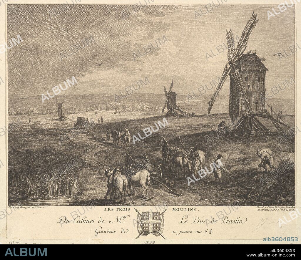 The Three Windmills (Les Trois Moulins) after a painting in the collection of the Duc de Praslin. Artist: Jacques Philippe Le Bas (French, Paris 1707-1783 Paris); After Jan Brueghel the Elder (Netherlandish, Brussels 1568-1625 Antwerp); Balthasar Anton Dunker (Swiss, Saalstratsund 1746-1807 Bern). Dimensions: Sheet: 6 7/8 x 8 7/16 in. (17.4 x 21.4 cm). Date: 1772.