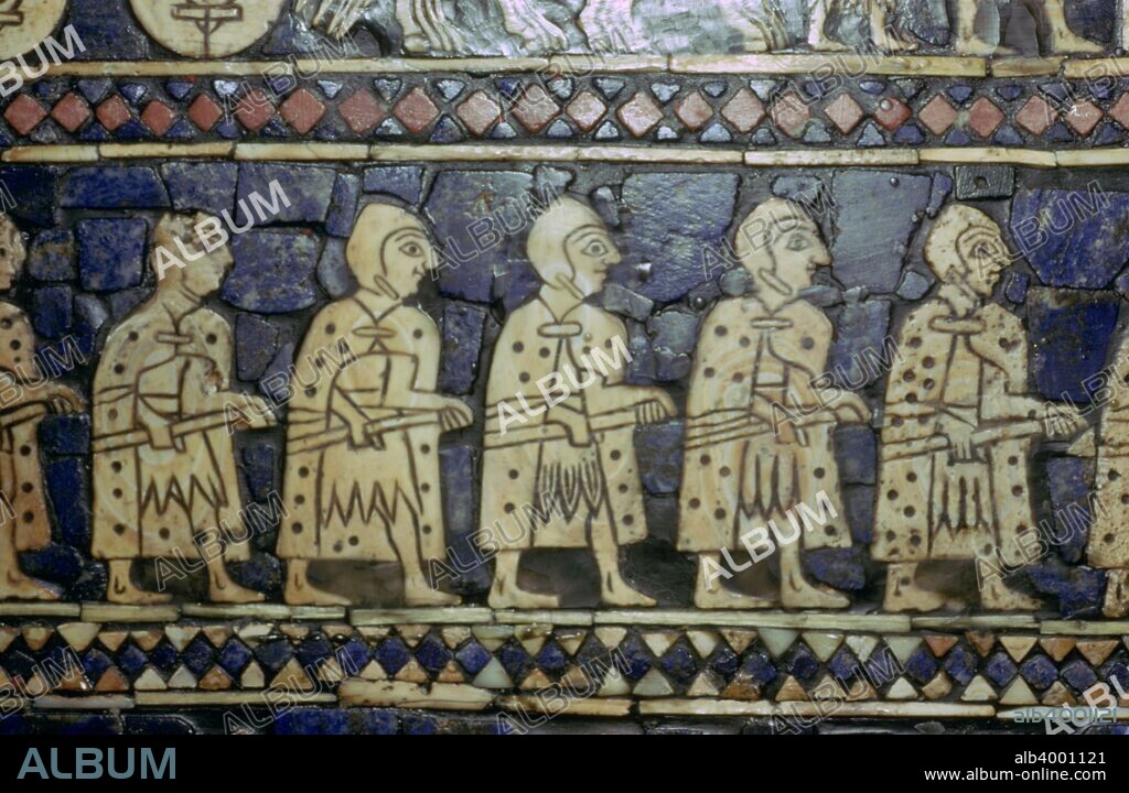 Detail of Sumerian soldiers from the Royal Standard of Ur from a Royal tomb at Ur, southern Iraq, about 2600-2400 BC. Inlay of shell, red limestone, and lapis lazuli in Bitumen on a hollow box. The main panels are known as 'War' and 'Peace'. From the British Museum's collection.