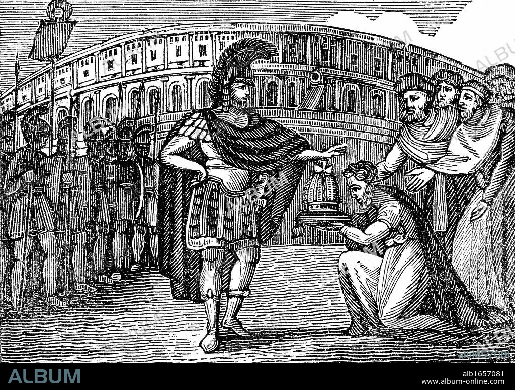 Belisarius (505-565) Byzantine general under Justinian I. Belasarius refusing the crown of Italy offered to him by the Goths in 540. Woodcut published New York 1830.
