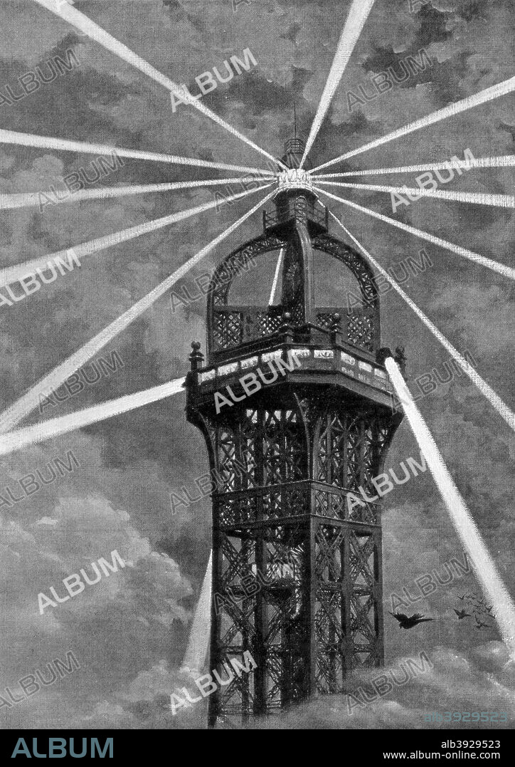 The electric light on top of the Eiffel Tower, Paris, 1889. The tower, designed by Gustave Eiffel, was built as the entrance arch to the Universal Exposition held in Paris in 1889. A print from Figaro Exposition, Simpkin, Marshall, Hamilton, Kent and Co, Limited, 4 Stationers Hall Court, London, 1889.