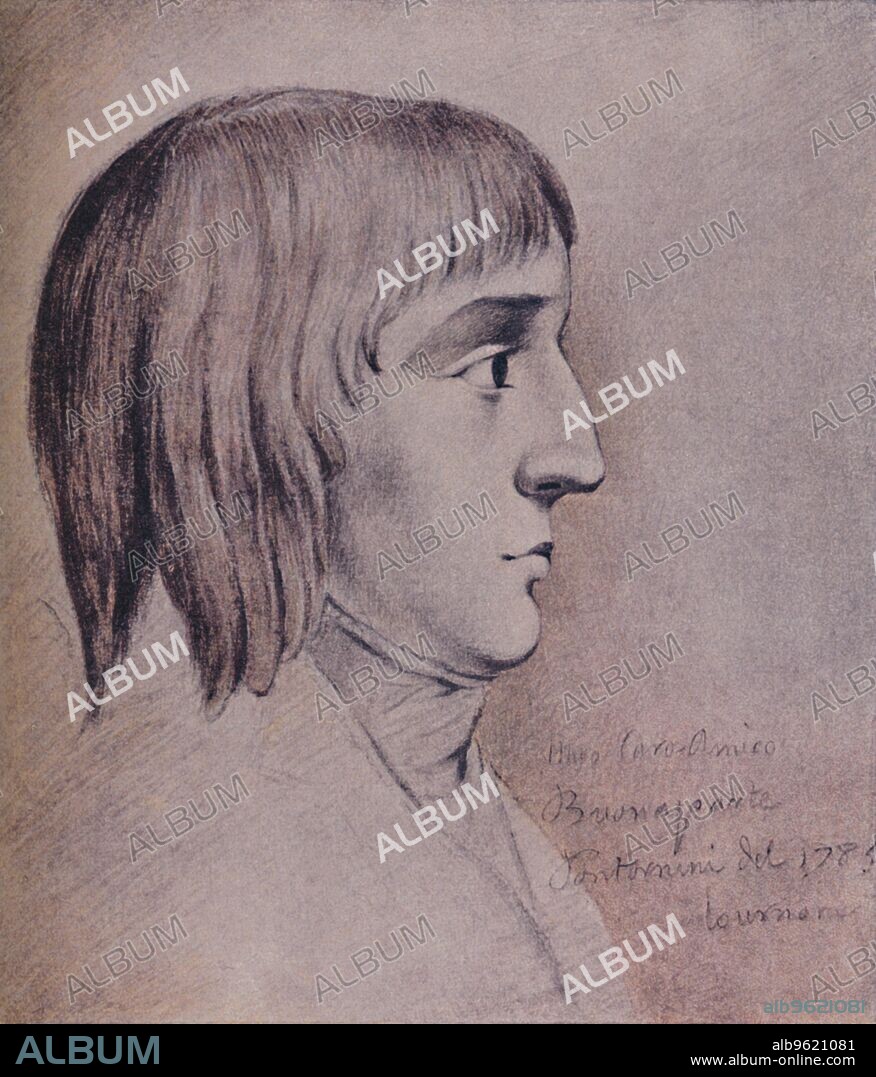 'Napoleon Bonaparte in 1785, Aged Sixteen', (1896). Napoleon I Bonaparte (1769-1821), Emperor of France from 1804. Napoleon enjoyed a meteoric rise through the ranks of the French Revolutionary army. In 1799 he led a coup to overthrow the government, the Directory, and became first consul and effective dictator of France. In 1804, he declared himself Emperor, and embarked on a series of military campaigns across Europe, the Napoleonic Wars. Victories such as Austerlitz and Jena led to France establishing its power across much of the continent. In 1812, however, Napoleon embarked on a disastrous invasion of Russia and defeat at Leipzig in 1813 led to his abdication and exile to Elba. He ecaped in 1815, raised another army, but was finally defeated by Wellington at Waterloo, and exiled again to the remote island of St Helena where he died. From Life of Napoleon Bonaparte, Volume I, by William Milligan Sloane. [The Century Co., New York, 1896].