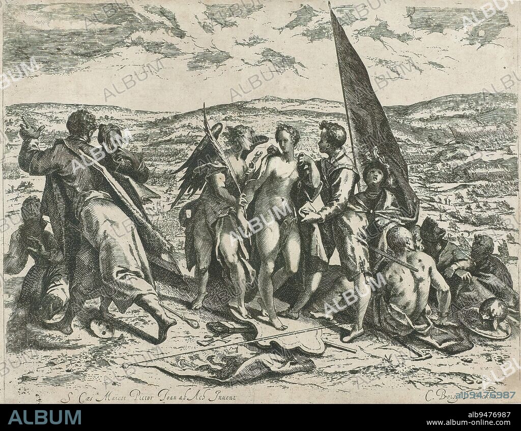 Allegory of War and Peace, The Peace, as a nude woman, standing between an angel and a young man, behind her a soldier with banner. On the left, the War (the deception) with mask on. In the background, a battle is taking place in a hilly landscape., print maker: Cornelis Dircksz. Boissens, (mentioned on object), after drawing by: Hans von Aachen, (mentioned on object), publisher: Cornelis Dircksz. Boissens, (mentioned on object), Northern Netherlands, 1593 - 1635, paper, etching, height 248 mm × width 317 mm.
