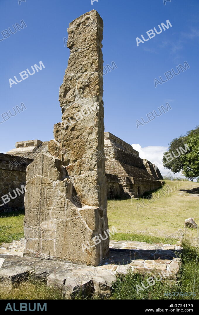 Stela with fragment of calendar, possibly part of a sundial, the ancient Zapotec city of Monte Alban, UNESCO World Heritage Site, near Oaxaca City, Oaxaca, Mexico, North America.