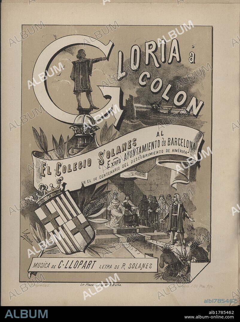 Partitura musical del himno GLORIA A COLON de C. Llopart. Editada en Barcelona en 1892.