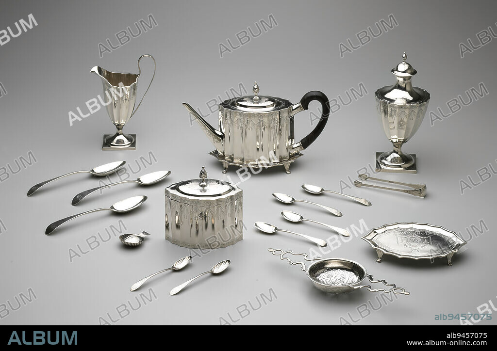 Sugar bowl, from a tea service, 1792, Paul Revere, Jr., American, 17341818, 9 5/8 x 3 1/8 in. (24.45 x 7.94 cm), Silver and wood, United States, Federal, The most complete Revere service known, this set was made for a Boston merchant and his wife, John and Mehitable Templeman. It includes one of only two tea caddies made by Revere. The locked boxes held loose tea, an expensive and fashionable commodity. The shell-shaped spoon was used for measuring tea and the sieve was used for straining punch, a beverage often served along with tea. The second stand may have been used as a tray for spoons no longer in use. The accompanying teaspoons and tablespoons have only recently been reunited with this service.