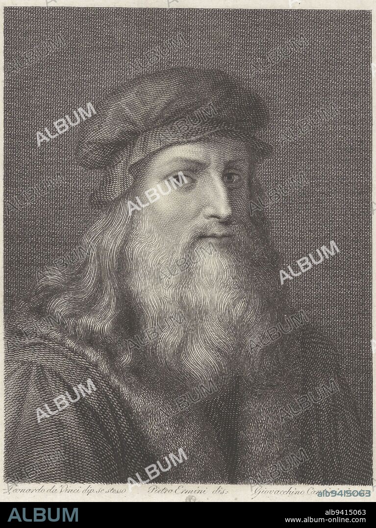 Portrait of the artist Leonardo da Vinci, print maker: Giovacchino Cantini, (mentioned on object), intermediary draughtsman: Pietro Ermini, (mentioned on object), after: Leonardo da Vinci, (mentioned on object), print maker: Italy, intermediary draughtsman: Italy, after: Italy, publisher: Florence, Florence, Italy, 1790 - 1844, paper, engraving, h 163 mm - w 115 mm.