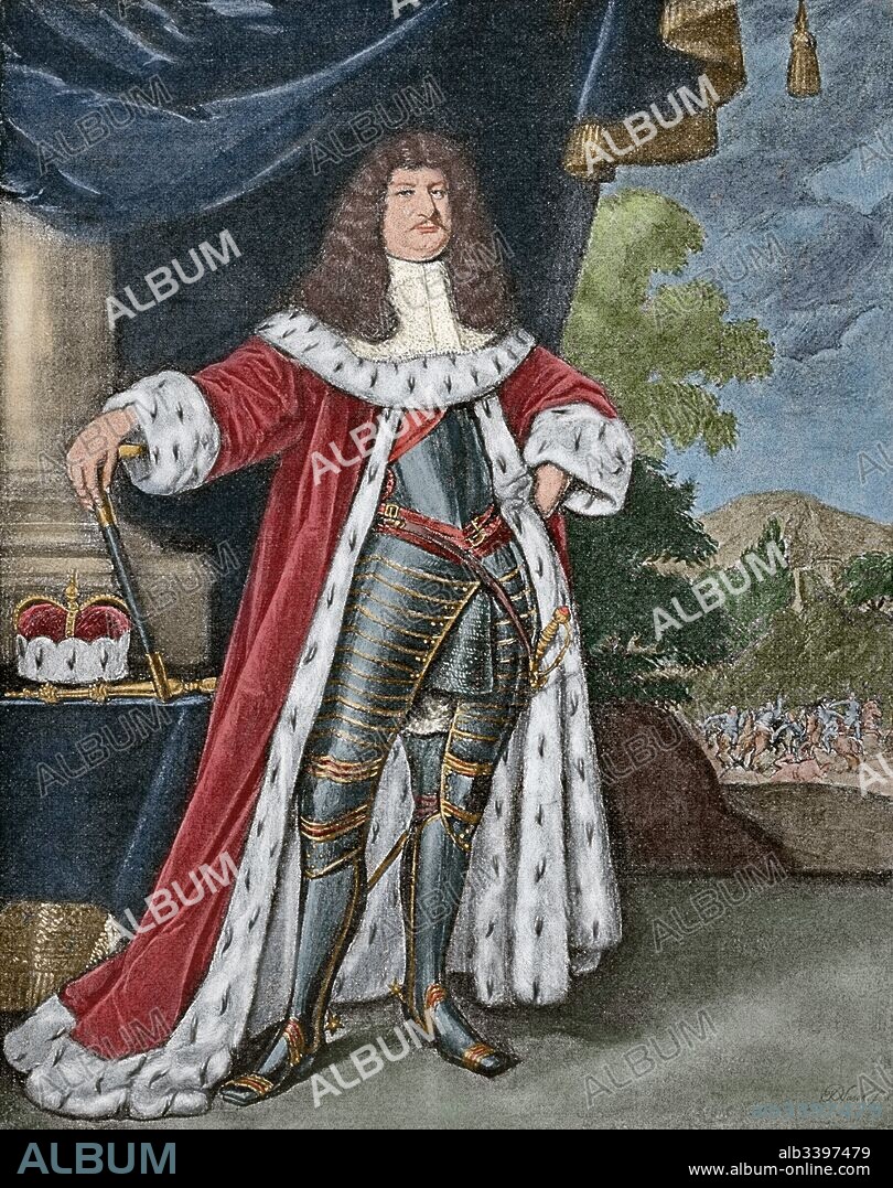 Federico Guillermo I de Brandeburgo (1620-1688). Margrave elector de Brandeburgo y duque de Prusia desde 1640. Miembro de la casa Hohenzollern. Conocido como Gran Elector. Retrato. Grabado de Historia Universal, 1885. Coloreado.