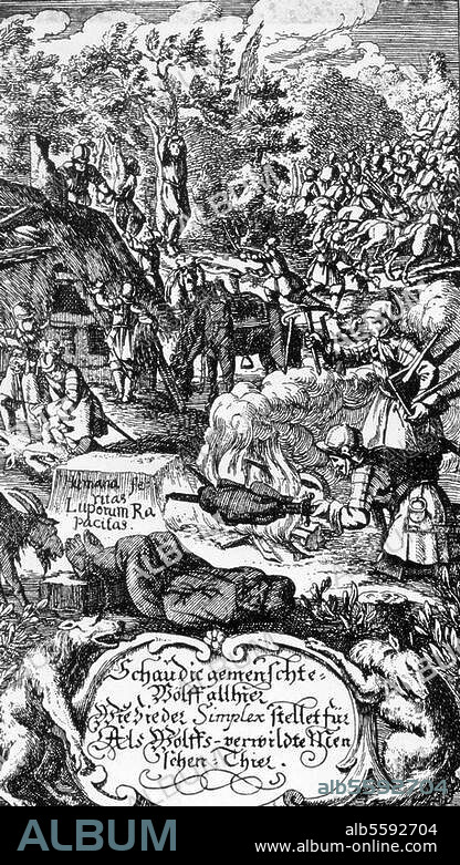 Grimmelshausen, Hans Jakob Christoph von ; conteur allemand; 1621-1676. Oeuvre : Les Aventures de Simplicius Simplicissimus, (1669, 5e livre). -"Schau die gemenschte Wölff allhier / Wie sie der Simplex stellet führ / Als Wolffsverwildte Menschen-Thier."- (Regarde tous ces loups à apparence humaine, comme Simplex se les représente : des animaux humains aussi sauvages que des loups). Illustration gravée sur cuivre. De l'édition complète, Nuremberg 1683/84.