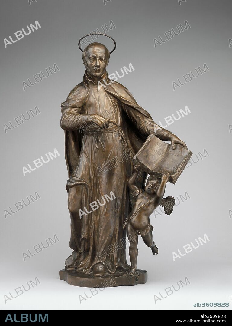 Saint Ignatius Loyola with an Angel Holding a Book Inscribed with the Motto of the Society of Jesus. Culture: Italian, Venice. Dimensions: Overall (confirmed): H. 24 5/8 x W. 13 7/8 x D. 4 5/8 in., 32lb. (62.5 x 35.2 x 11.7 cm, 14.5151kg). Maker: Francesco Bertos (Italian, 1678-1741). Date: ca. 1720-25.
Cofounders of the Society of Jesus, Saints Ignatius Loyola (1491-1556) and Francis Xavier (1506-1552) were canonized together in 1622. These two sculptures may well have been made to mark the hundredth anniversary of their canonization. Saint Ignatius is distinguished by his heartshaped face and the Latin motto of the society, "AD MAIOREM DEI GLORIAM" (for the greater glory of God), displayed on the pages of the book held by the angel beside him. Saint Francis has a walking staff, sign of the peripatetic missionary, and parts his short cape, the mantellina, near his heart, an allusion to his frequent moments of mystical union with God. The two saints are conceived in a conservative spirit, retaining the long, slowly unwinding movements of late sixteenth-century Venetian sculpture, to which Francesco Bertos added brisk, shimmery tooling. It is chiefly the frolicsome demeanor and retroussé noses of the attendant angels that bespeak Bertos, usually seen as a confectioner of  quasiacrobatic groups, whether of bronze or marble. These well-ponderated saints, which must have flanked a Jesuit altar of Baroque splendor, stand out as the best of his figures.