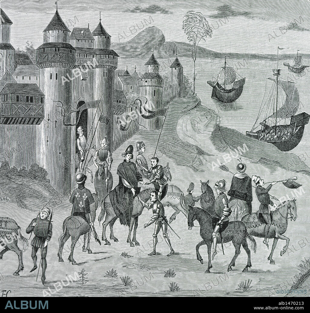 Louis II, Duke of Bourbon (1337-1410), called the Good. Louis II in Genoa, to lead the expedition against the barbarians in North Africa, 1390. Mahdian Crusade. Engraving of 1881 after the Chronicles of Jean Froissart, manuscript of the 15th century.