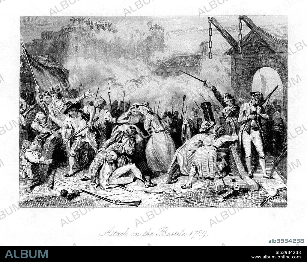'Attack on the Bastille, 1789', (1845). The Bastille was a prison in Paris, known formally as Bastille Saint-Antoine. On the morning of 14 July 1789, a crowd advanced on the Bastille, the state prison in Paris. Their intention was to ask the governor to release the prisoners (there were only seven) and weapons in the building. The governor was evasive and the people stormed the fortress in what became the most celebrated episode of the French Revolution.