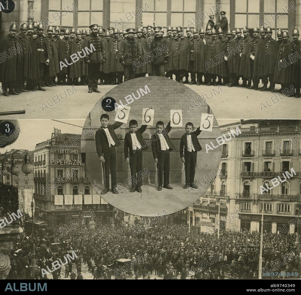 21/12/1918. Imágenes del sorteo de la Lotería de Navidad. 1. Oficiales y guardias de seguridad agraciados con uno de los premios mayores. 2. Los cuatro niños que sacaron y cantaron el número del premio gordo. 3. Un aspecto de la Puerta del Sol durante el sorteo.