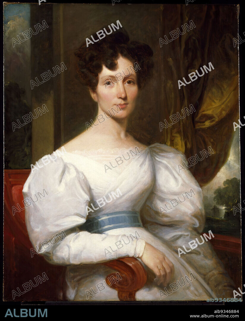 Frances Kemble Butler, Henry Inman, American, 1801-1846, Oil on canvas, ca. 1834, 34 1/4 x 27 3/16 in., 87 x 69 cm, 19th century, american, American Painting, brown hair, chair, curtains, dress, lady, oil on canvas, painting, pin curls, portrait, posed, puffy sleeves, Regency, Regency Era, sash, seated, sitting, white dress, window, woman.