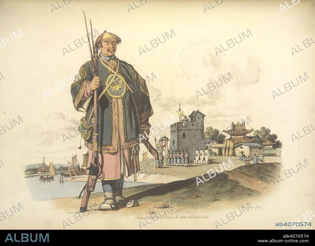 A soldier of Chu-san. The Costume of China. Illustrated in forty-eight c. William Miller: London, 1805. A soldier armed with a matchlock gun. At his right side hangs his cartouch-box and on his left, his sword. In the background is a military post. A sentinel beats a gong to call out the guard, who are ready to salute a man of rank.  Image taken from The Costume of China. Illustrated in forty-eight coloured engravings.  Originally published/produced in William Miller: London, 1805. . Source: 455.e.9, plate 41. Language: English.