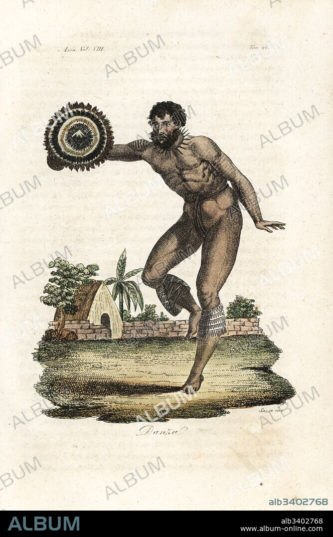Naked tattooed man of Hawaii (Sandwich Islands) dancing for Captain James Cook, 1778. He holds a feathered shield and has dog's teeth leggings tied at the knee. Handcoloured copperplate engraved by Sasso after John Webber from Giulio Ferrario's Ancient and Modern Costumes of all the Peoples of the World, Florence, Italy, 1844.
