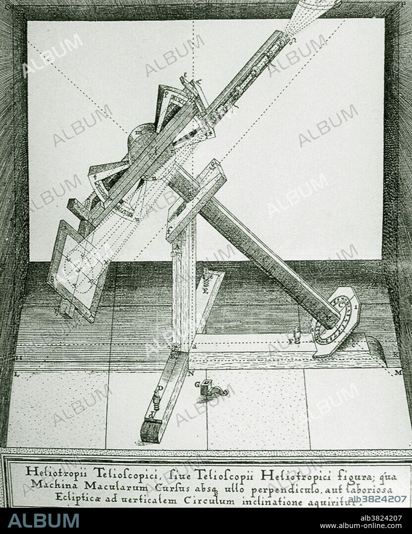 Helioscope. Diagram of a helioscope, an instrument which was used for viewing the sun during the early 1600s. It works by projecting the image seen with a telescope onto a white piece of paper suspended in a darkened room. The first purpose built helioscope was designed by German astronomer Christoph Scheiner (1575-1650) to assist his sunspot observations. Sunspots are dark areas on the Sun's surface caused by fluctuating magnetic fields within the Sun. Scheiner was the co-discoverer of sunspots and published his great work, the 'Rosa Ursina', in the 1630s, from which this illustration was taken. It was the standard treatise on the subject for more than a century, containing numerous observations and also a detailed account of his methods and apparatus.