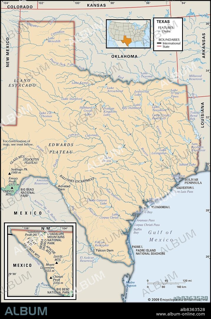 Physical map of Texas.