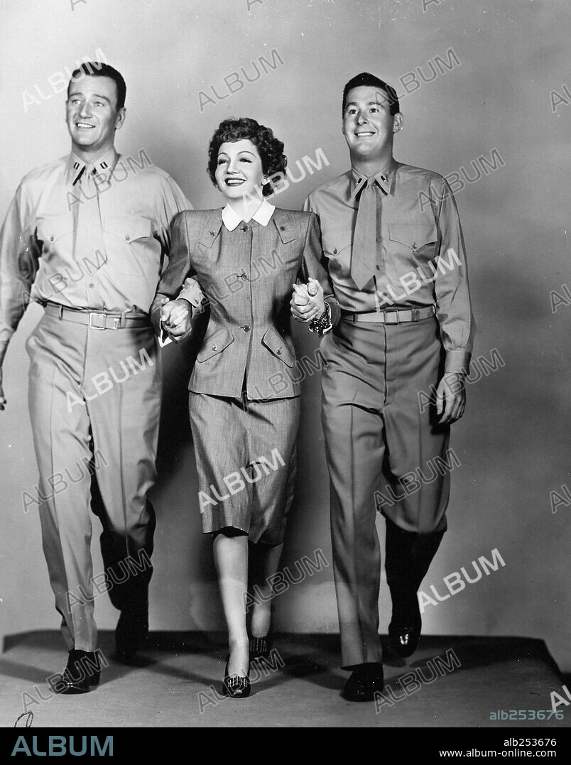CLAUDETTE COLBERT, DON DEFORE and JOHN WAYNE in WITHOUT RESERVATIONS, 1946, directed by MERVYN LEROY. Copyright RKO.