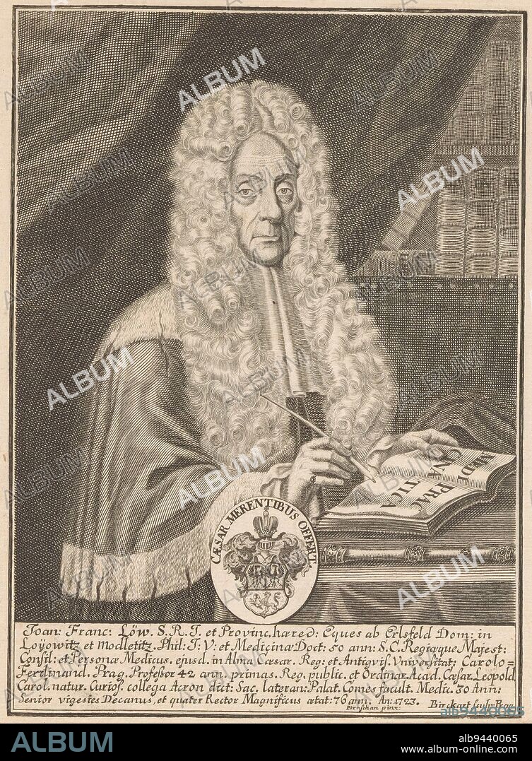 Portrait of Johann Franz Loew von Erlsfeld, Anton Birckhart, after Paul Friedrich Fahrenschon, 1723 - 1725, print maker: Anton Birckhart, (mentioned on object), after: Paul Friedrich Fahrenschon, (mentioned on object), Praag, 1723 - 1725, paper, engraving, h 199 mm - w 152 mm.