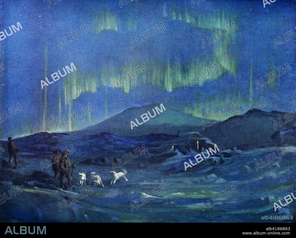 'The Aurora Australis.', c1908, (1909). Anglo-Irish explorer Ernest Shackleton (1874-1922) made three expeditions to the Antarctic. During the second expedition, 1907-1909, he and three companions established a new record, Farthest South latitude at 88°S, only 97 geographical miles (112 statute miles, or 180 km) from the South Pole, the largest advance to the pole in exploration history. Members of his team also climbed Mount Erebus, the most active volcano in the Antarctic. Shackleton was knighted by King Edward VII for these achievements. He died during his third and last 'oceanographic and sub-antarctic' expedition, aged 47. Illustration after an original painting by George Marston (1882-1940) the expedition artist, from The Heart of the Antarctic, Vol. I, by E. H. Shackleton, C.V.O. [William Heinemann, London, 1909].