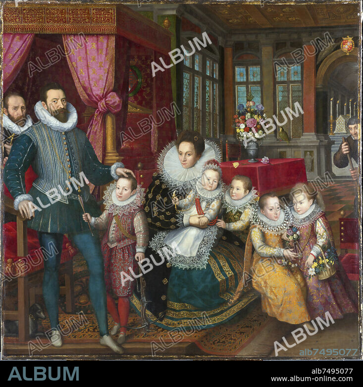 FRANS POURBUS DER JÜNGERE und FRANS POURBUS EL JOVEN. Niederländische Kunst / Flämische Malerei / 16. Jahrhundert. "Familienporträt von Charles d'Arenberg und Anne de Croy mit fünf ihrer zwölf Kinder". (Der Prinz-Graf legt die Hand auf den Kopf seines ältesten Sohnes Philippe. Anne de Croy, seine Frau, kniet sich nieder. Antoine tritt unter dem Namen Karls von Brüssel in den Orden ein. Der Maler hätte sich hinter Karl dargestellt Arenberg mit einem Kompass in der Hand). Öl auf Leinwand (Maße: 2,23 × 2,27 m) Frans Pourbus der Junge (geboren um 1569-1570 in Antwerpen, gestorben 1622 in Paris, flämischer Maler und Subjekt der spanischen Krone, Sohn von Frans Pourbus l Der ehemalige Enkel von Pieter Pourbus wurde im August 1618 französischer Staatsangehöriger. Louvain, Katholische Universität (Arenberg Castle).