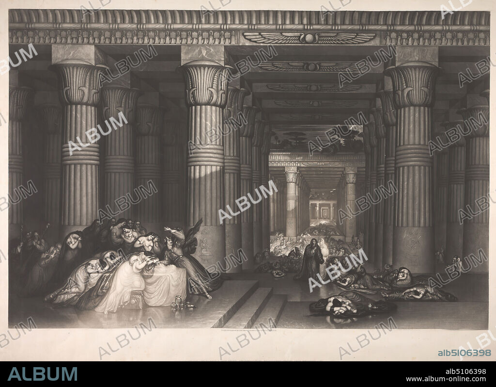 Death of the First Born, John Martin, 17891854, British, 1836, Mezzotint on thick, slightly textured, cream, wove paper, Sheet: 21 7/8 × 30 inches (55.6 × 76.2 cm) and Image: 19 1/8 × 28 13/16 inches (48.6 × 73.2 cm), child, cloud, crying, death, jug, lightning, man, mourning, palace, pharaoh, pillar, plague, religious and mythological subject, temple, the plague of the first-born: the destroying angel passes through the land and kills every Egyptian first-born of man and animal, tree, weeping, woman.
