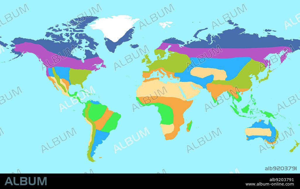 Map of Earth's major global biomes, including tropical rainforest, temperate forest, boreal forest (taiga), desert, grassland, savanna, tundra, and ice. Terrestrial biomes (also called ecosystems) are geographic land areas with similar climatic conditions, often characterized by the plants and animals found there. Eight biomes are shown here, though more complex classifications subdivide these biomes even further.