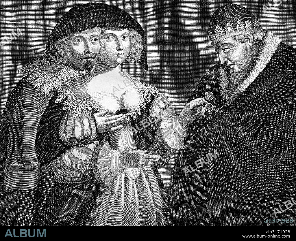 Satirical depiction of an adulterous woman and the cuckold, a husband whose woman is unfaithful; anonymous french copper engraving from the 17th century.