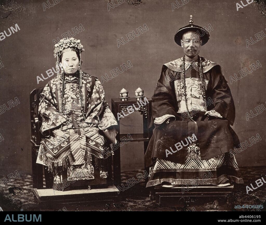 A Mandarin and his Wife in Full Court Dress, Attributed to Milton M. Miller (American, 1830 - 1899), Canton, China, 1861–1864, Albumen silver print, 15.9 × 19.7 cm (6 1/4 × 7 3/4 in.).