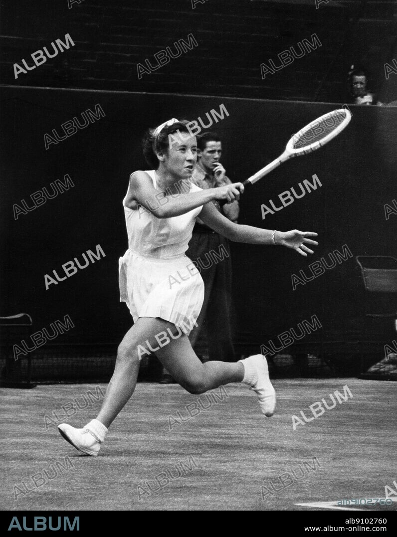 Miss Maureen (Little Mo) Connolly (seen here) v. Miss Doris Hart 1953.. Maureen Catherine ("Little Mo") Connolly (born September 17, 1934 - died June 21, 1969) was an American tennis player who was the first woman to win all four Grand Slam tournaments during the same calendar year.. ©TopFoto.