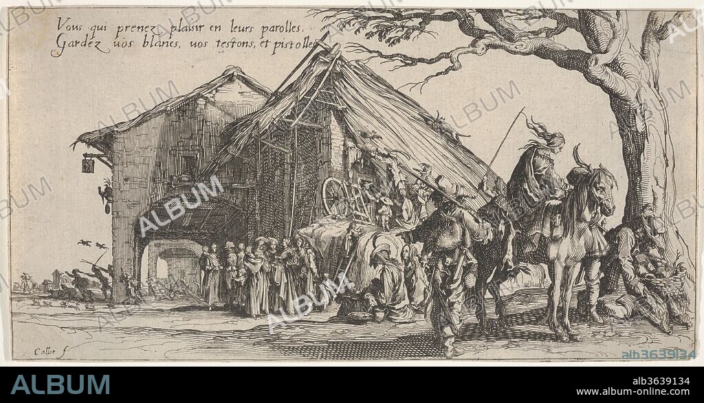 The stopping place of the gypsies: the fortune-tellers (La Halte des bohémiens: les diseuses de bonne aventure), from the series 'The Gypsies' (Les Bohémiens). Artist: Jacques Callot (French, Nancy 1592-1635 Nancy). Dimensions: sheet: 4 13/16 x 9 5/16 in. (12.2 x 23.6 cm). Date: 1621-31.