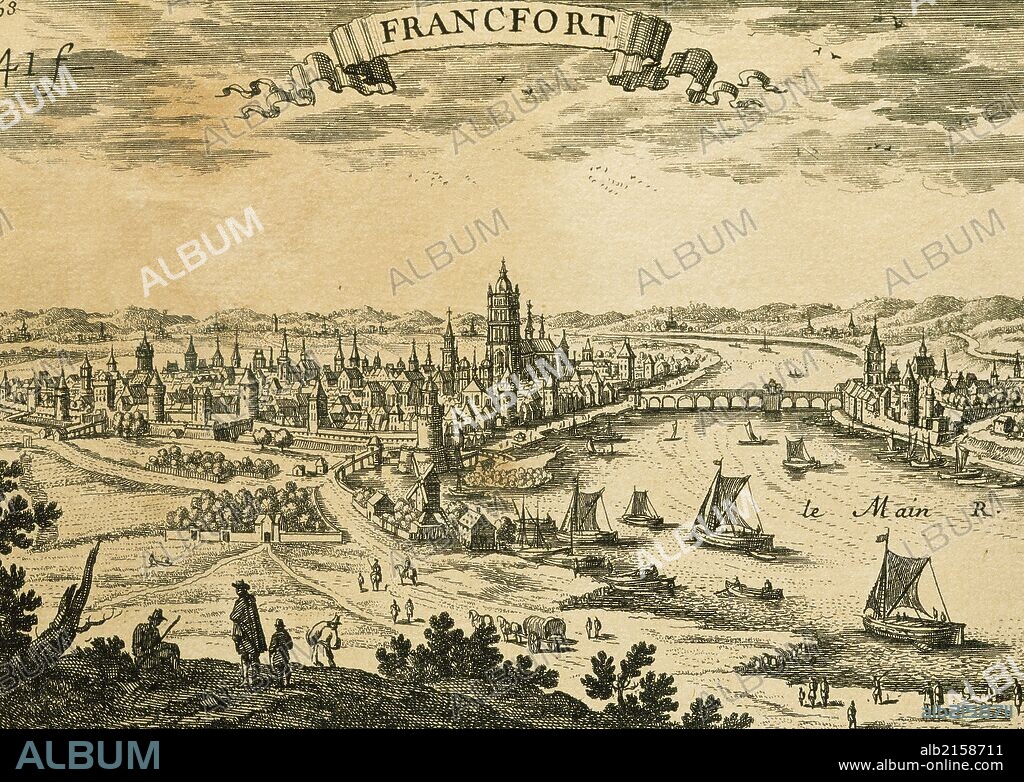 "FRANKFURT DEL MAIN" (ALEMANIA). Vista de la ciudad a orillas del río. Grabado del siglo XVII.