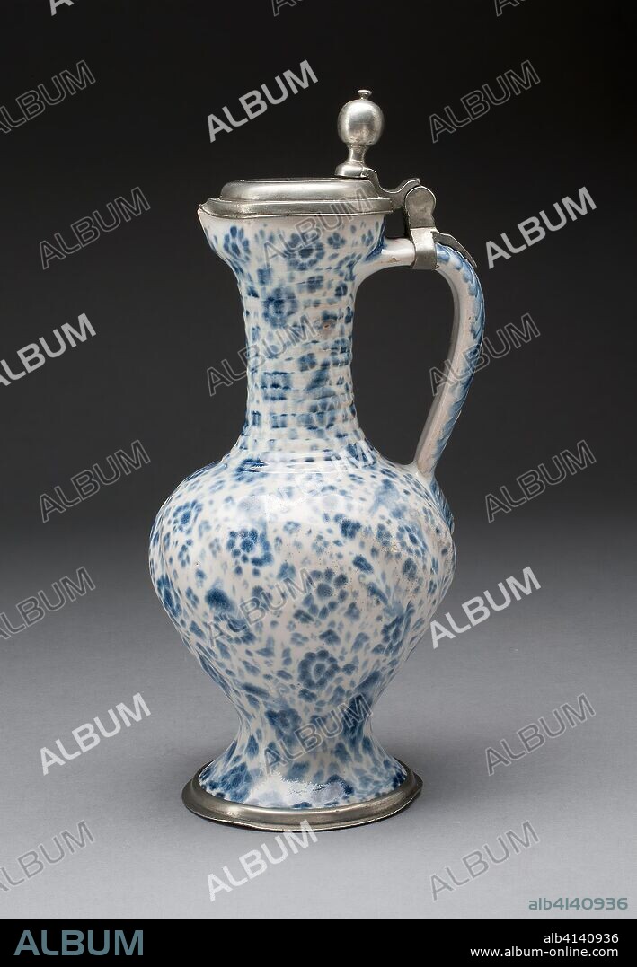 Jug. Probably Germany, Hanau. Date: 1715-1725. Dimensions: 26.7 x 12.7 cm (10 1/2 x 5 in.). Tin-glazed earthenware (faience) and pewter. Origin: Hanau.