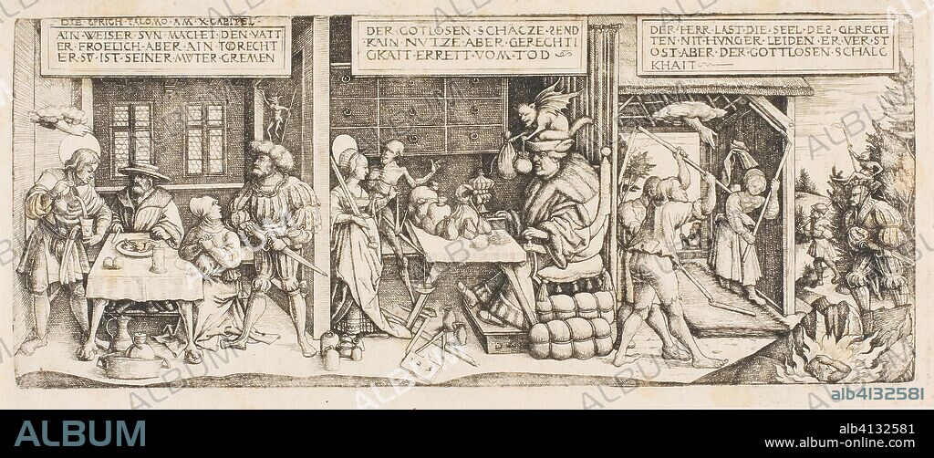 DANIEL HOPFER I. Three Proverbs of King Solomon. Daniel Hopfer, I; German, 1470-1536. Date: 1490-1537. Dimensions: 141 x 344 mm (plate); 160 x 358 mm (sheet). Etching in black on paper. Origin: Germany.