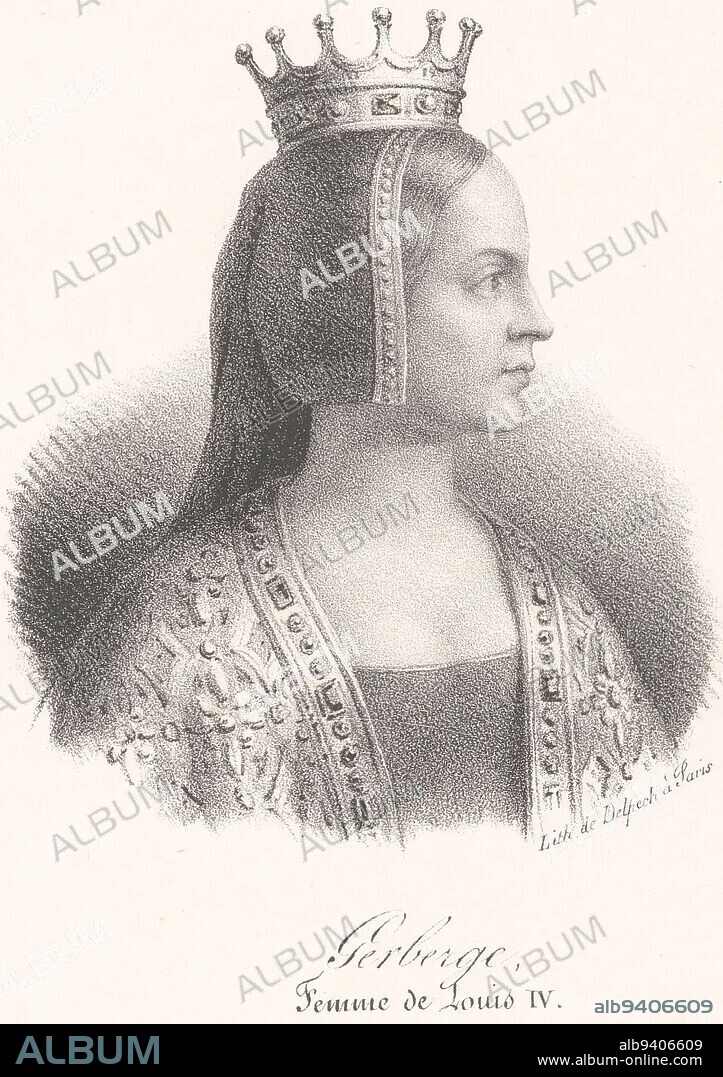 Portrait of Gerberga of Saxony, anonymous, veuve Delpech (Naudet), in or after 1818 - in or before 1842, print maker: anonymous, printer: veuve Delpech (Naudet), (mentioned on object), Paris, in or after 1818 - in or before 1842, paper, h 275 mm - w 180 mm.