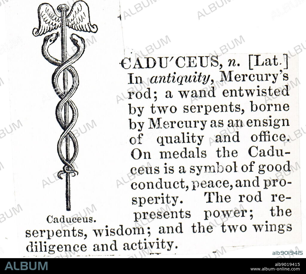 Engraving depicting the Staff of Hermes, also known as the caduceus, is the traditional symbol of Hermes and features two snakes winding around an often winged staff. The modern use of the caduceus is as a symbol of medicine. Dated 19th century.
