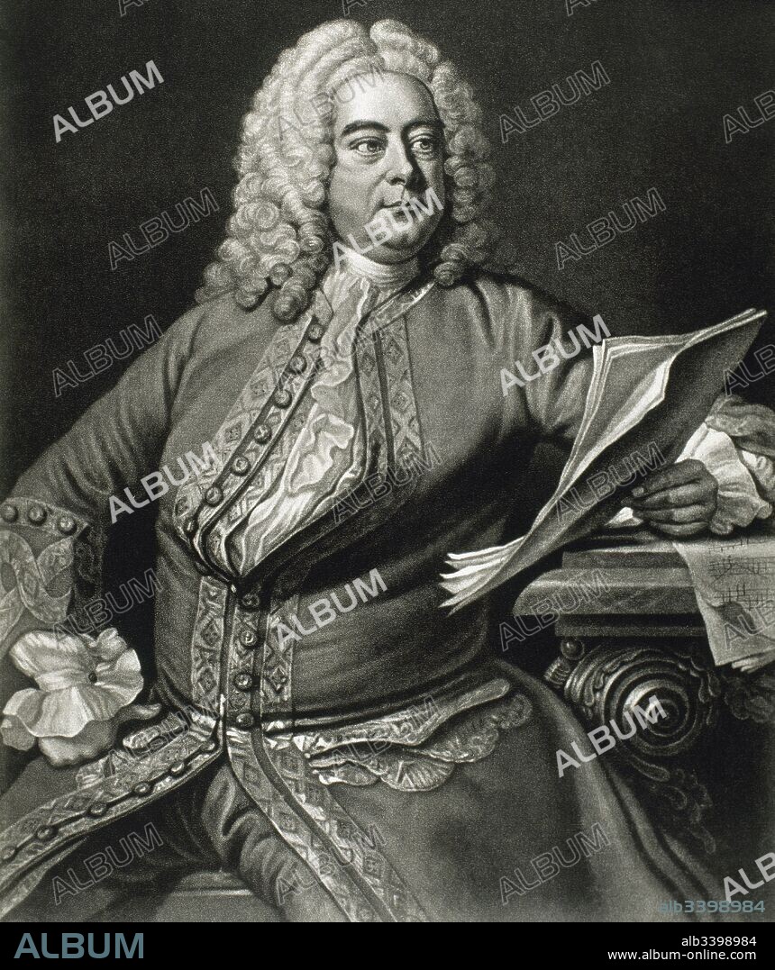 George Frideric Handel (1685-1759). German, later British, baroque composer. Portrait. Engraving. Inspired on a portrait by Thomas Hudson in 1749.