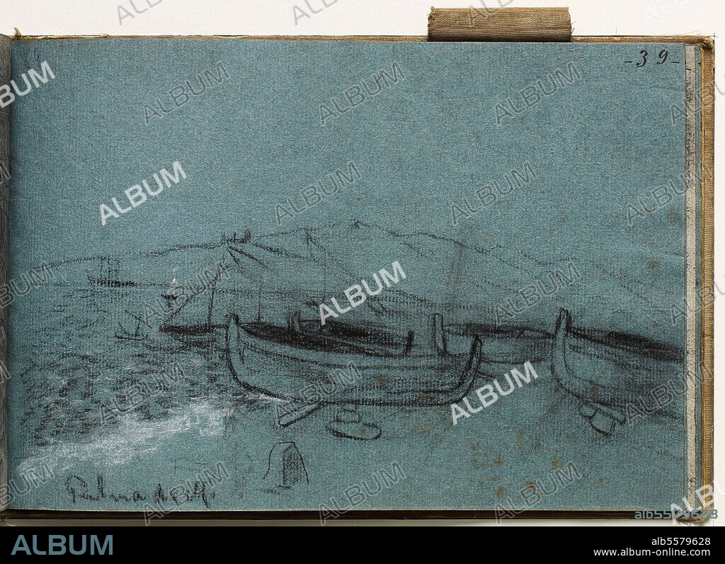 JOAN MIRó FERRà. Joan Miró / Palma de Mallorca. Playa con barcas. Carboncillo y lápiz Conté sobre papel, 14,6 x 21,9 cm.