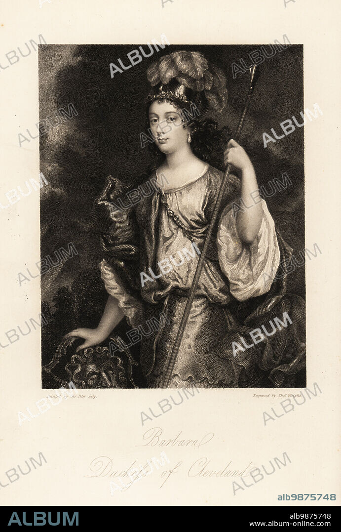 Barbara Palmer, 1st Duchess of Cleveland, Countess of Castlemaine, formerly Barbara Villiers, notorious mistress to King Charles II, 1640-1709. Depicted as the warrior goddess Pallas Athena or Bellona, in military helmet with spear and shield. Steel engraving by Thomas Wright after a portrait by Sir Peter Lely from Mrs Anna Jamesons Memoirs of the Beauties of the Court of King Charles the Second, Henry Coburn, London, 1838.