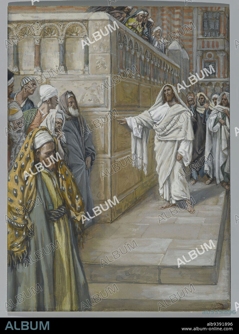 The Corner Stone, Le pierre angulaire, The Life of Our Lord Jesus Christ, La Vie de Notre-Seigneur Jésus-Christ, James Tissot, French, 1836-1902, Opaque watercolor over graphite on gray wove paper, France, 1886-1894, Image: 7 1/8 x 5 1/4 in., 18.1 x 13.3 cm, Bible, biblical, Biblical Art, Catholicism, Christ, Christianity, French, Jesus, Luke 20:17, Mark 12:10, Matthew 21:42-46, New Testament, Religion, religious, Religious Art, Scenes from the Bible, stone walkway, Tissot, watercolor.