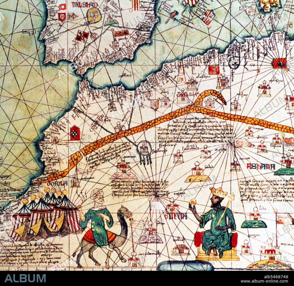 Musa I (c. 1280 - c. 1337), commonly referred to as Mansa Musa, was the tenth mansa, which translates as 'king of kings' or 'emperor', of the Malian Empire. At the time of Mansa Musa's rise to the throne, the Malian Empire consisted of territory formerly belonging to the Ghana Empire and Melle (Mali) and immediate surrounding areas. Musa held many titles, including Emir of Melle, Lord of the Mines of Wangara, and conqueror of Ghanata, Futa-Jallon, and at least another dozen states. He was the wealthiest West African ruler of his day. The Catalan Atlas (1375) is the most important Catalan map of the medieval period. It was produced by the Majorcan cartographic school and is attributed to Cresques Abraham, a Jewish book illuminator who was self-described as being a master of the maps of the world as well as compasses. It has been in the royal library of France (now the Bibliotheque nationale de France) since the late 14th century.