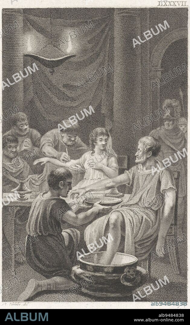 On Nero's orders, the philosopher Seneca, with his feet in a bath, and his wife Paulina cut their veins. Death of Seneca, print maker: Ludwig Gottlieb Portman, (mentioned on object), intermediary draughtsman: Reinier Vinkeles (I), (mentioned on object), Amsterdam, 1804, paper, etching, h 205 mm × w 132 mm.