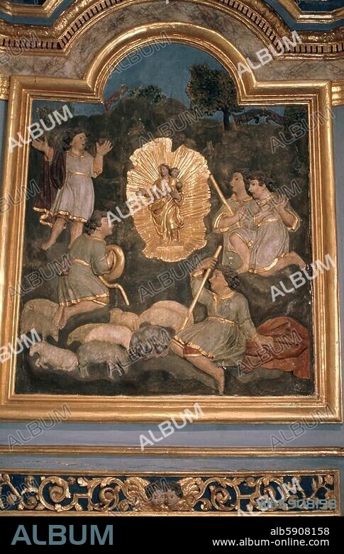 French, 17th/18th century. Mary appears to young shepherds in Estelle-Bétharram. Relief. Wood, coloured and gilded. Altar of the side chapel (r.) of Notre-Dame in Bétharram (Dép. Pyrénées-Atlantiques, France). Photo.