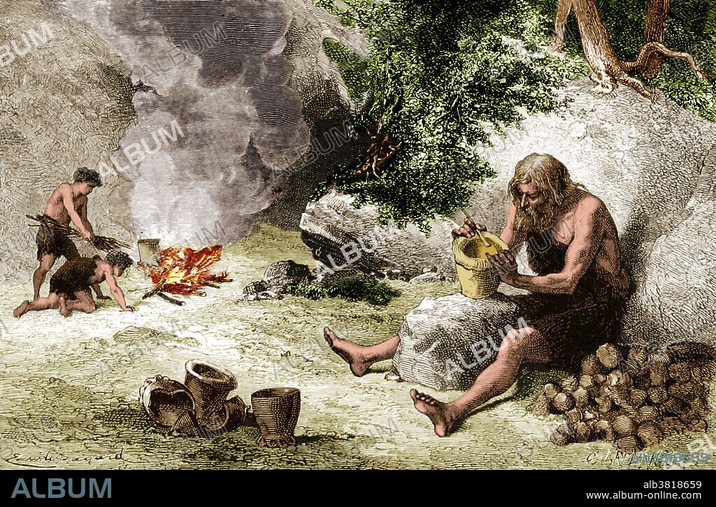 A great part of the history of pottery is prehistoric, part of past pre-literate cultures. Therefore, much of this history can only be found among the artifacts of archeology. Because pottery is so durable, pottery and sherds from pottery survive from millennia at archeological sites. The earliest forms of pottery were made from clays that were fired at low temperatures in pit-fires or in open bonfires. They were hand formed and undecorated. Because the biscuit form of earthenware is porous, it has limited utility for storage of liquids. However, earthenware has a continuous history from the Neolithic period to today. It can be made from a wide variety of clays. The development of ceramic glaze which makes it impermeable makes it a popular and practical form of pottery making. The addition of decoration has evolved throughout its history. Image taken from page 301 of "Primitive Man" by Louis Figuier. Revised translation from the French by Edward Burnet Tylor. Illustrated with scenes of primitive life, 1870.