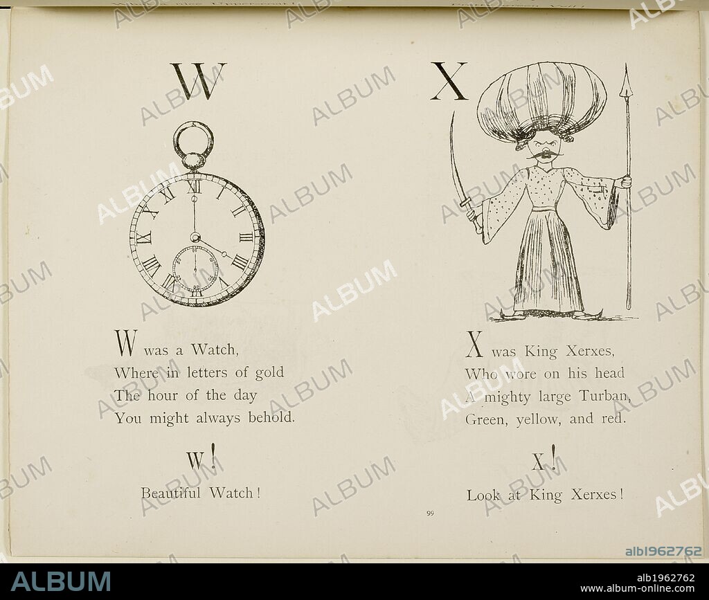Watch and King Xerxes Illustrations and verse from Nonsense Alphabets by Edward Lear. . Nonsense Botany, and Nonsense Alphabets, Fifth edition. Frederick Warne & Co.: London & New York, 1889. Source: Cup.400.a.42 99.