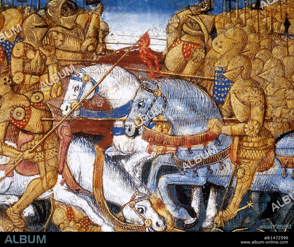 BATALLA MEDIEVAL. "FEROZ ENCUENTRO ENTRE CABALLEROS PROTEGIDOS CON ARMADURAS Y PROVISTOS DE LANZAS". Miniatura del s. XV. Castillo de Chantilly. Francia.