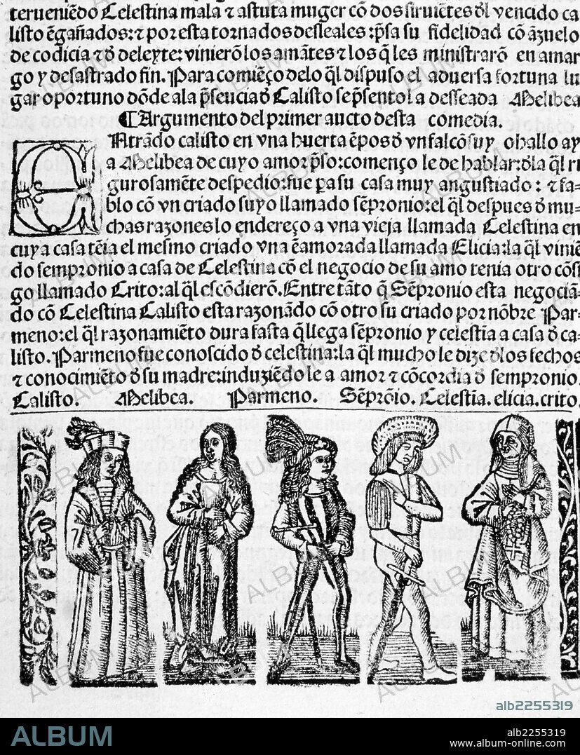ROJAS , FERNANDO DE. ESCRITOR ESPAÑOL. PUEBLA DE MONTALBAN 1465 - 1541. " LA CELESTINA " ILUSTRACION DE PERSONAJES EN LA EDICION DE SEVILLA , 1525.