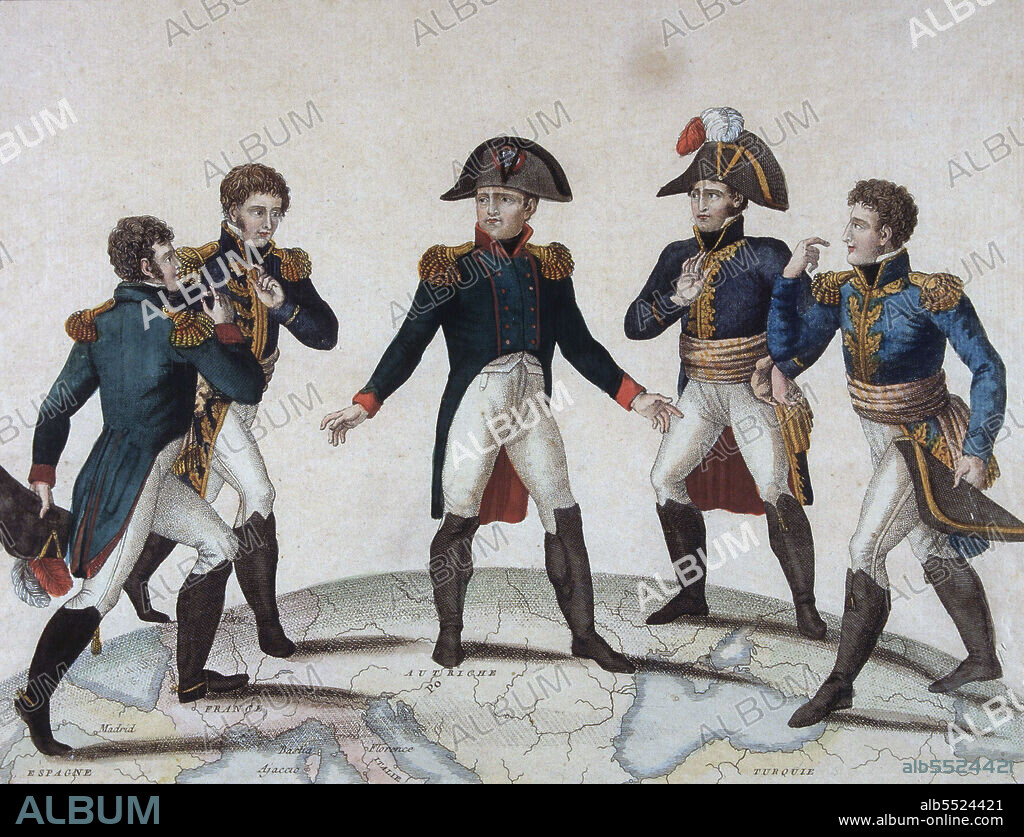 NAPOLEON I. EMPERADOR DE FRANCES . 1769 - 1821. " NAPOLEON Y SUS CUATRO HERMANOS ". GRABADO COLOREADO . MUSEO MUNICIPAL . MADRID.